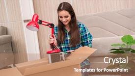  Presentation with personal belongings - Amazing PPT theme having carton flower - young woman packing personal belongings backdrop and a  colored foreground