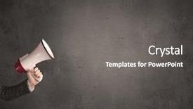  Presentation with plain for hacking topic - Cool new presentation design with cartoon - caucasian arm holding megaphone backdrop and a gray colored foreground