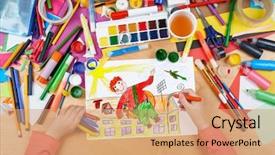  Presentation with artwork - Colorful PPT theme enhanced with cartoon - child drawing boy fly backdrop and a coral colored foreground