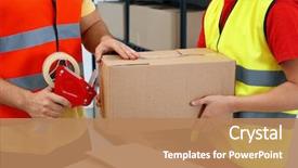  Presentation with warehouse - Presentation design consisting of cartoon - closeup of workers packing parcels background and a coral colored foreground