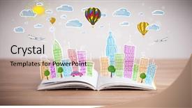  Presentation with open book - Cool new slide deck with cartoon - colorful cityscape drawing on open backdrop and a lemonade colored foreground