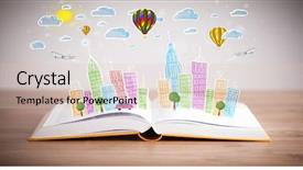  Presentation with cityscape - Amazing presentation theme having cartoon - colorful cityscape drawing on open backdrop and a lemonade colored foreground