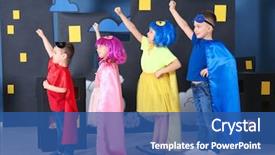  Presentation with cartoon superhero - PPT theme consisting of cartoon - cute children in superhero costumes background and a ocean colored foreground