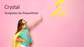  Presentation with cartoon superhero - Colorful PPT layouts enhanced with cartoon - cute girl in superhero costume backdrop and a light gray colored foreground