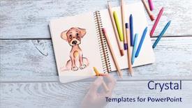  Presentation with hand drawn cartoon of sports - Colorful presentation enhanced with cartoon - female hand drawing dog backdrop and a sky blue colored foreground