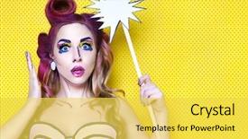  Presentation with talk - Presentation with cartoon - photo of surprised young woman background and a yellow colored foreground