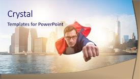  Presentation with superhero cartoon - Beautiful presentation theme featuring cartoon - superhero businessman flying backdrop and a sky blue colored foreground