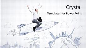  Presentation with rocket - Presentation with cartoon - young businessman an flying background and a sky blue colored foreground