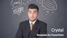  Presentation with head - Cool new slide set with cartoon - young businessman with drawn speech backdrop and a dark gray colored foreground