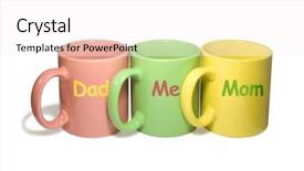  Presentation with mom and newborn - Amazing presentation design having cartoon aged people - three colorful mugs - dad backdrop and a white colored foreground