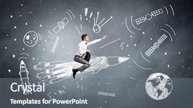  Presentation with rocket - Presentation theme consisting of cartoon astronaut - young businessman an flying background and a gray colored foreground