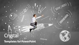  Presentation with rocket - Colorful slides enhanced with cartoon astronaut - young businessman flying in sky backdrop and a gray colored foreground