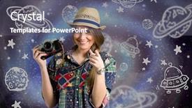  Presentation with galaxy - Amazing PPT theme having cartoon astronaut - young photographer with sketch galaxy backdrop and a gray colored foreground