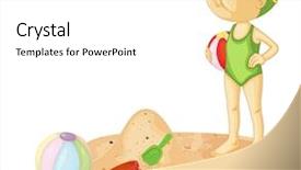  Presentation with portfolio - Cool new PPT theme with cartoon beach - illustration of girl standing backdrop and a white colored foreground