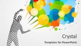  Presentation with bubbles feedback survey words speech - Colorful slide set enhanced with cartoon brand - strange funny guy in morphsuit backdrop and a  colored foreground