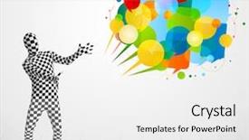  Presentation with bubbles feedback survey words speech - Presentation design featuring cartoon brand - strange funny guy in morphsuit background and a white colored foreground