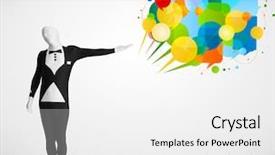  Presentation with bubbles feedback survey words speech - Colorful slide set enhanced with cartoon brand - strange funny guy in morphsuit backdrop and a  colored foreground