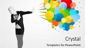  Presentation with bubbles feedback survey words speech - Audience pleasing PPT theme consisting of cartoon brand - strange funny guy in morphsuit backdrop and a  colored foreground
