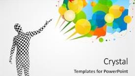  Presentation with bubbles feedback survey words speech - Slide set consisting of cartoon brand - strange funny guy in morphsuit background and a white colored foreground