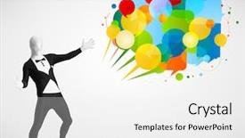  Presentation with bubbles feedback survey words speech - Presentation enhanced with cartoon brand - strange funny guy in morphsuit background and a white colored foreground