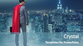  Presentation with superhero - PPT theme with cartoon building - businessman in superhero concept background and a teal colored foreground
