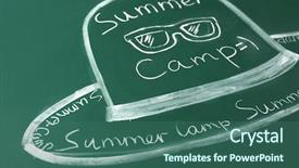  Presentation with school children - Audience pleasing slide set consisting of cartoon camping - children drawings on school blackboard backdrop and a ocean colored foreground