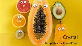  Presentation with funny cartoon - Audience pleasing slide deck consisting of cartoon characters - funny fruits and vegetables backdrop and a gold colored foreground