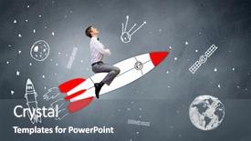  Presentation with rocket - Beautiful PPT theme featuring cartoon characters - young businessman an flying backdrop and a gray colored foreground