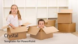  Presentation with cartoon children - Amazing PPT layouts having cartoon children - kids in their new home backdrop and a coral colored foreground