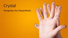  Presentation with building team - Beautiful presentation featuring cartoon couple - waggish happy fingers with team backdrop and a gold colored foreground