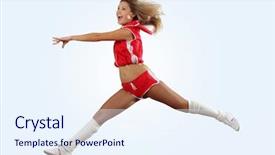  Presentation with pepl jumping up in the air - PPT layouts with cartoon exercise - uniformed cheerleader jumps high background and a  colored foreground