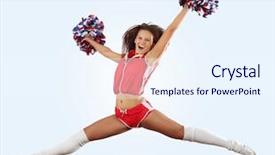  Presentation with exercise - Colorful slide deck enhanced with cartoon exercise - uniformed cheerleader jumps high backdrop and a sky blue colored foreground
