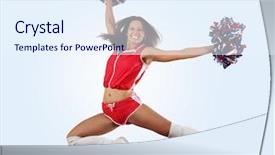  Presentation with high jump up - Audience pleasing PPT theme consisting of cartoon exercise - uniformed cheerleader jumps high backdrop and a sky blue colored foreground