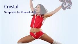  Presentation with ethnies jumping up in the air - Colorful slides enhanced with cartoon exercise - uniformed cheerleader jumps high backdrop and a sky blue colored foreground