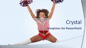  Presentation with high jump up - Cool new presentation theme with cartoon exercise - uniformed cheerleader jumps high backdrop and a  colored foreground