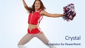  Presentation with high jump up - PPT theme with cartoon exercise - uniformed cheerleader jumps high background and a  colored foreground