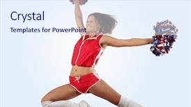  Presentation with high jump up - Amazing slides having cartoon exercise - uniformed cheerleader jumps high backdrop and a  colored foreground