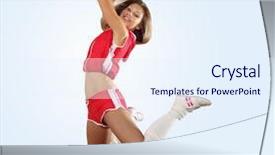  Presentation with high jump up - PPT theme with cartoon exercise - uniformed cheerleader jumps high background and a  colored foreground