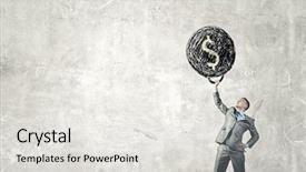  Presentation with heavy weight - Audience pleasing PPT layouts consisting of cartoon exercise - young businessman lifts up heavy backdrop and a light gray colored foreground