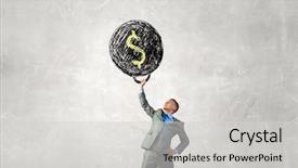  Presentation with heavy weight - Slide deck with cartoon exercise - young businessman lifts up heavy background and a light gray colored foreground