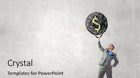  Presentation with heavy weight - PPT theme with cartoon exercise - young businessman lifts up heavy background and a light gray colored foreground