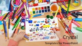  Presentation with baby toy - Cool new presentation design with cartoon game toy and people backdrop and a coral colored foreground