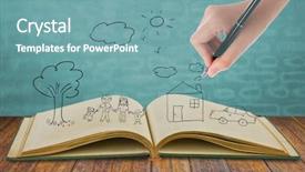 Presentation with open book - Colorful PPT theme enhanced with cartoon house - hand draw in open book backdrop and a seafoam green colored foreground