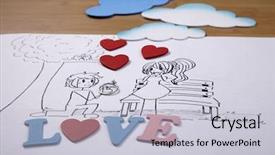  Presentation with man and woman divorce drawing - Colorful PPT layouts enhanced with cartoon love birds - art drawing of man holding backdrop and a light gray colored foreground