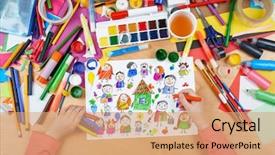  Presentation with artwork - Cool new PPT theme with cartoon people collection child drawing backdrop and a coral colored foreground