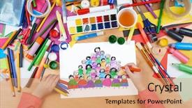  Presentation with team group - PPT theme featuring cartoon people team collection group background and a coral colored foreground