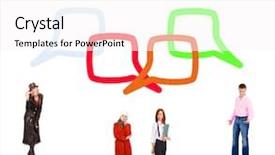  Presentation with business - Presentation theme having cartoon pictures - business picture standing and talking background and a white colored foreground