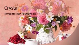  Presentation with tropical flowers close up - Presentation theme having cartoon plants - bouquet of flowers autumn background and a coral colored foreground