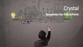  Presentation with factory - Cool new slide deck with cartoon plants - business man looking at factory backdrop and a gray colored foreground