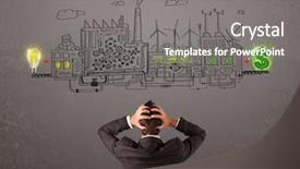  Presentation with factory - Colorful PPT theme enhanced with cartoon plants - business man looking at factory backdrop and a  colored foreground
